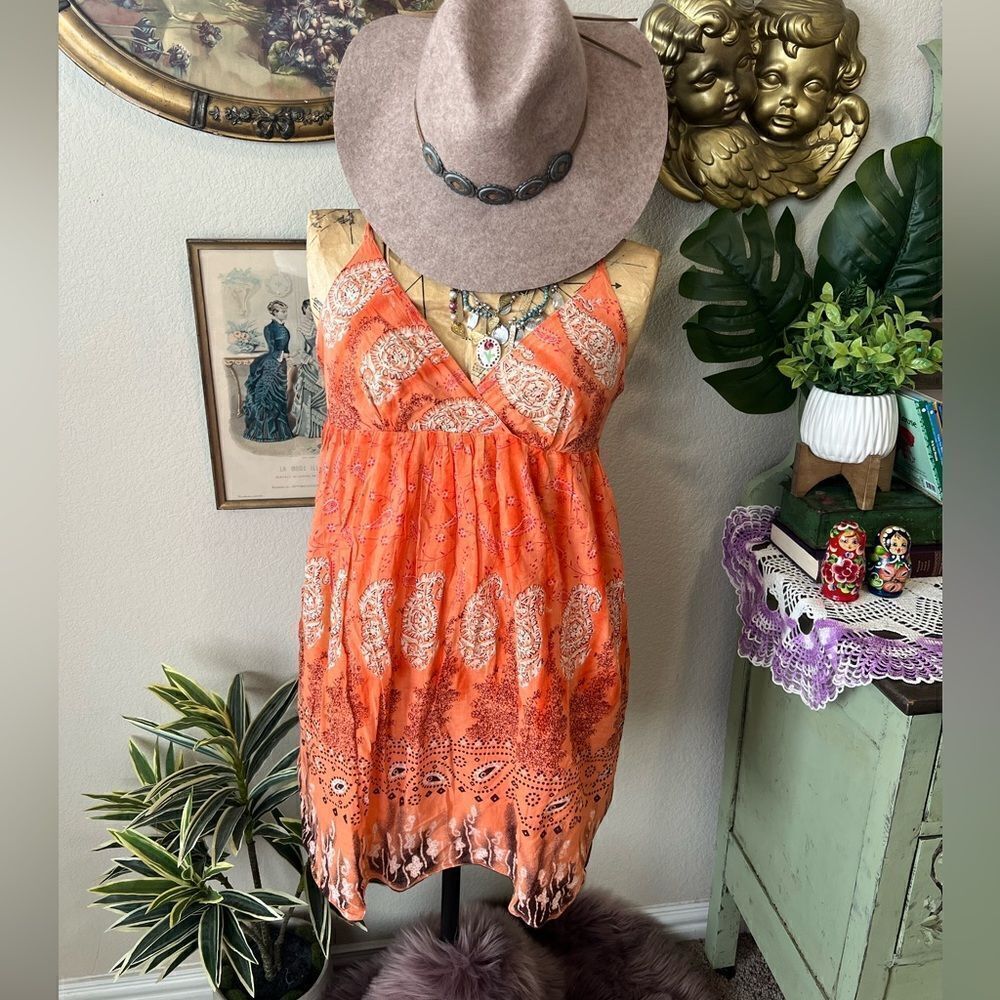 Dots‎ Y2K Boho Bollywood Orange Paisley Hippie Sleeveless Summer Sun Dress Sz S